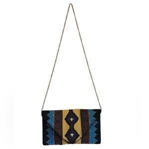 Francesca's Tribal Printed beaded clutch with gold chain strap
